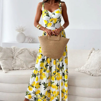 High Waist Maxi Lemon Print Dress