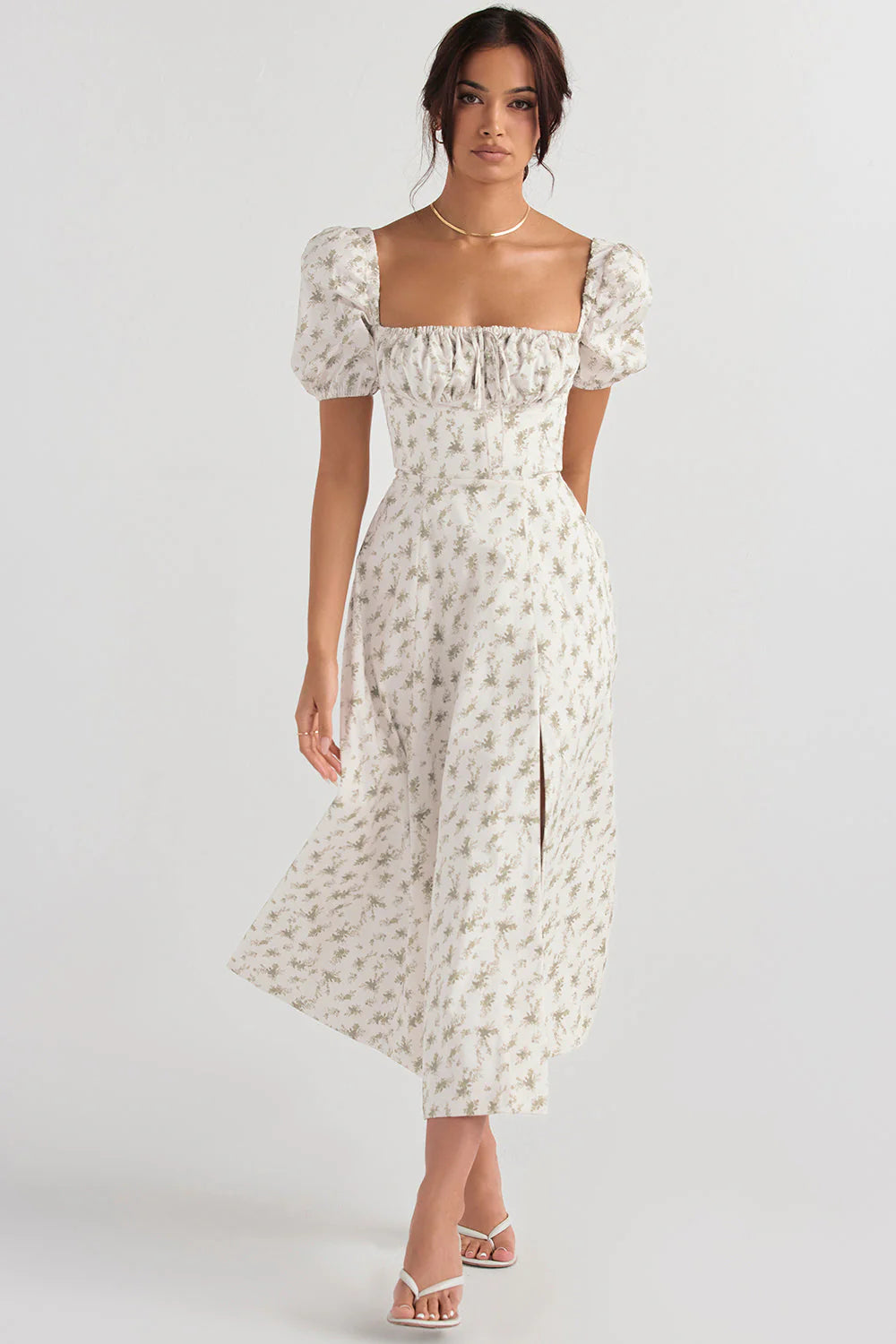 Midi sundress with floral puff sleeves