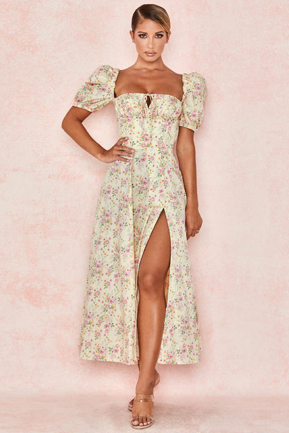 Midi sundress with floral puff sleeves