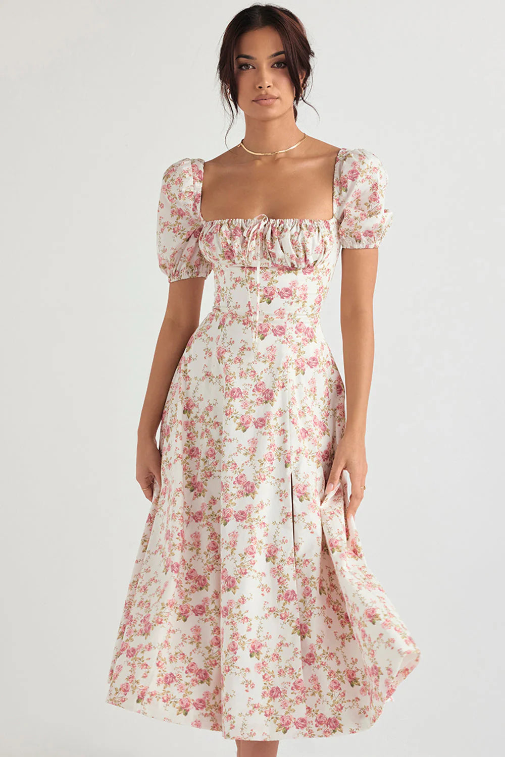 Midi sundress with floral puff sleeves