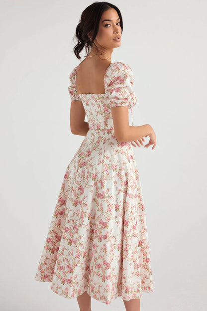 Midi sundress with floral puff sleeves