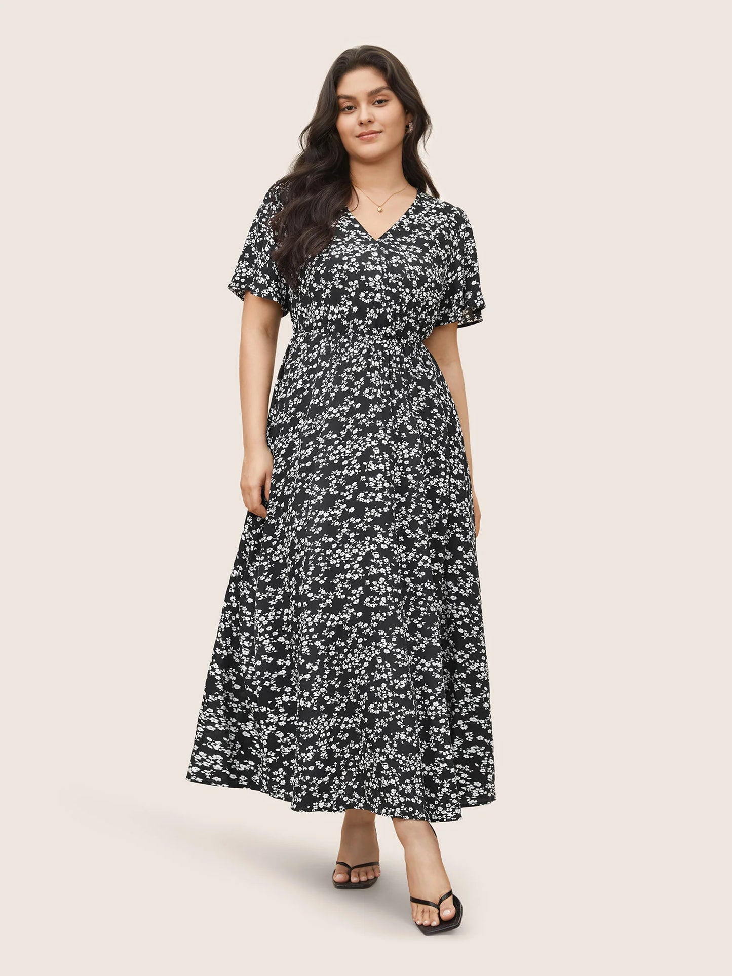 Flutter Sleeve Ditsy Floral Pocket Split Maxi Dress