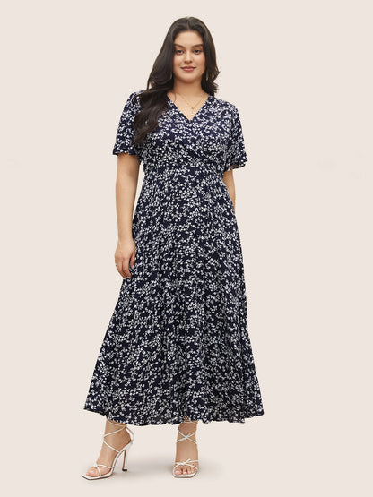 Flutter Sleeve Ditsy Floral Pocket Split Maxi Dress