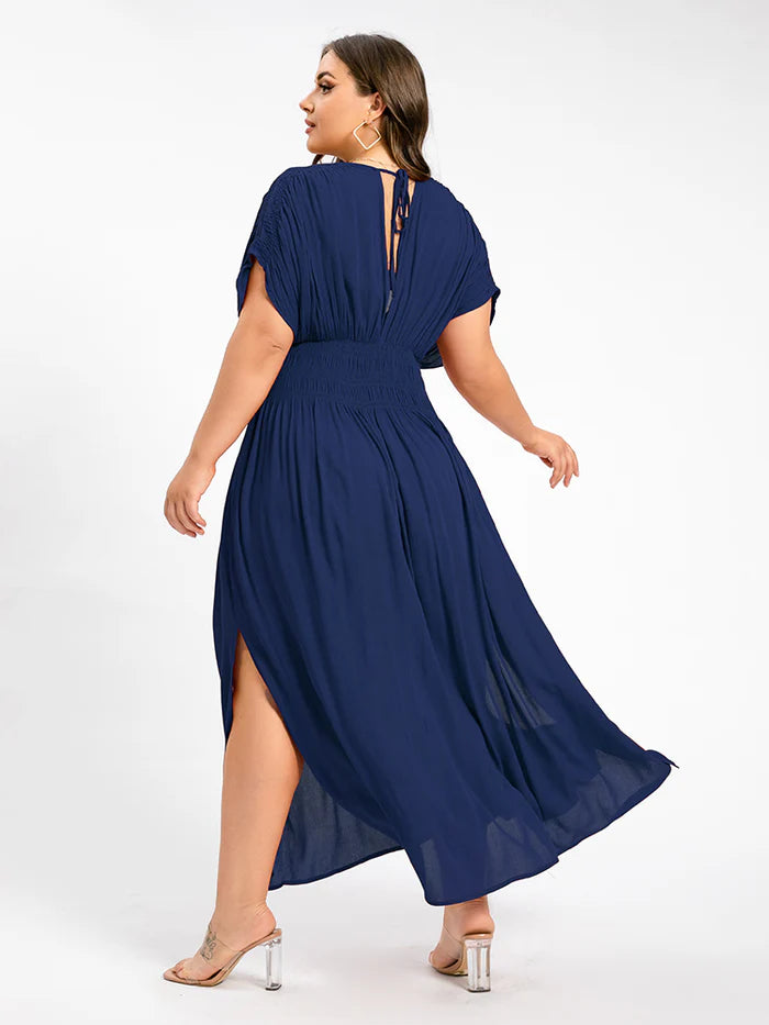 V-Neck Batwing Sleeve Pocket Ruched Waist Maxi Dress