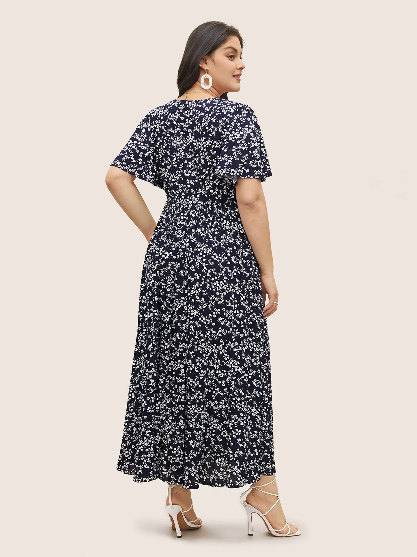 Flutter Sleeve Ditsy Floral Pocket Split Maxi Dress