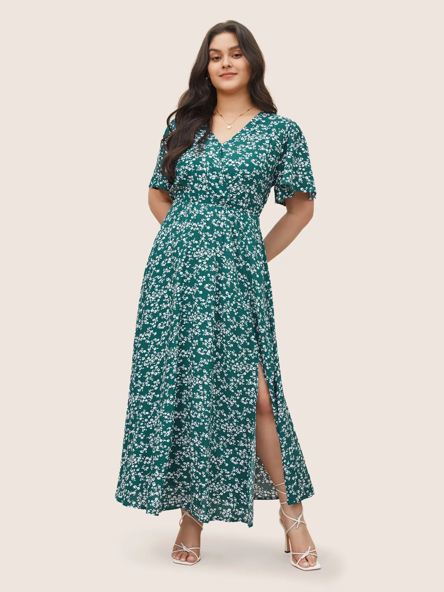 Flutter Sleeve Ditsy Floral Pocket Split Maxi Dress