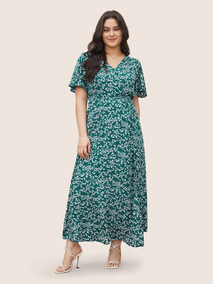 Flutter Sleeve Ditsy Floral Pocket Split Maxi Dress