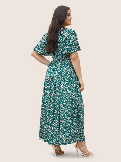 Flutter Sleeve Ditsy Floral Pocket Split Maxi Dress