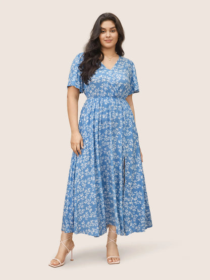 Flutter Sleeve Ditsy Floral Pocket Split Maxi Dress