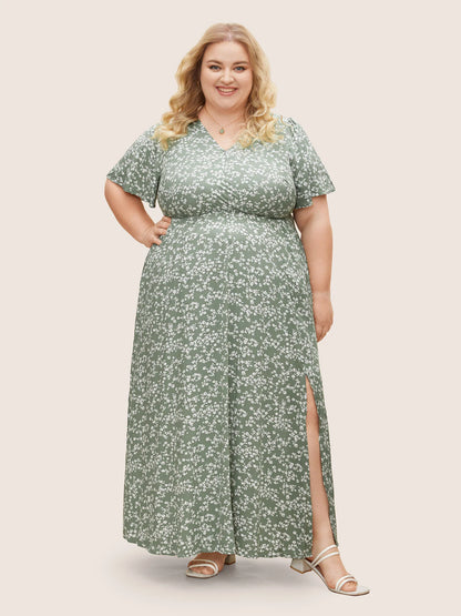 Flutter Sleeve Ditsy Floral Pocket Split Maxi Dress