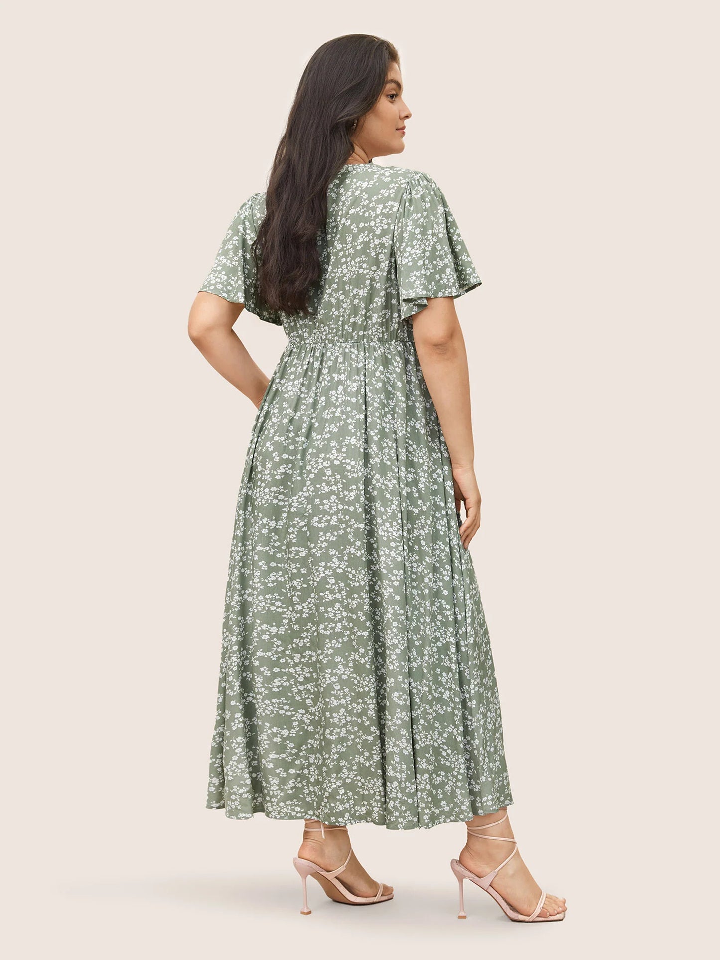 Flutter Sleeve Ditsy Floral Pocket Split Maxi Dress