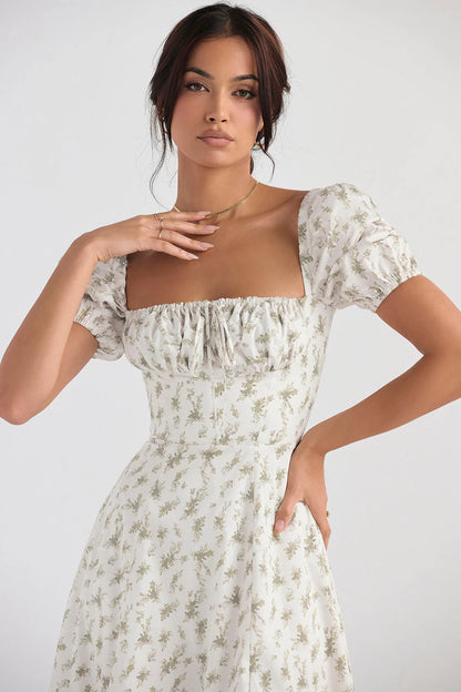 Midi sundress with floral puff sleeves