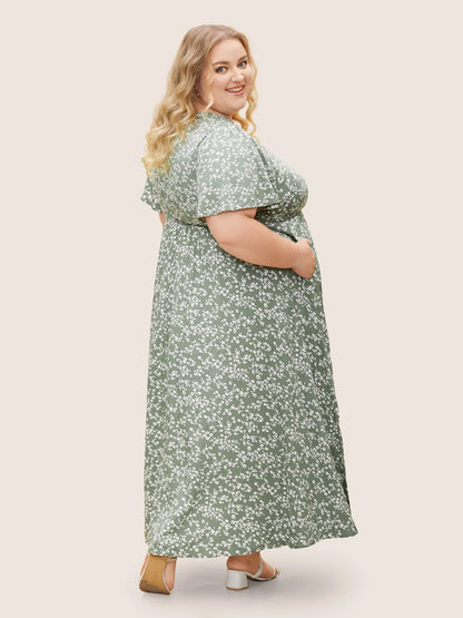 Flutter Sleeve Ditsy Floral Pocket Split Maxi Dress