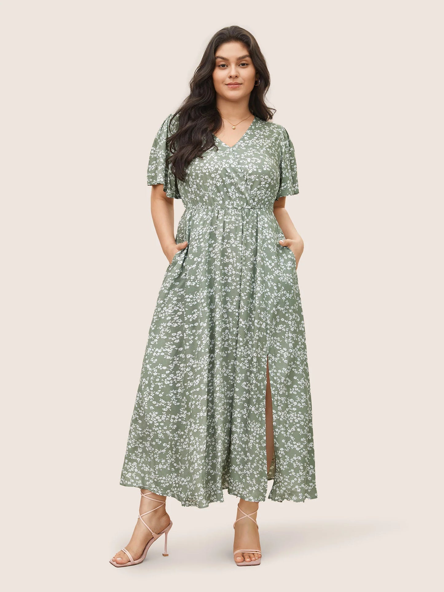 Flutter Sleeve Ditsy Floral Pocket Split Maxi Dress