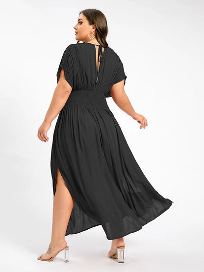 V-Neck Batwing Sleeve Pocket Ruched Waist Maxi Dress