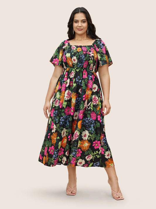 Floral Backless Shirred Square Neck Pocket Ruffle Hem Dress