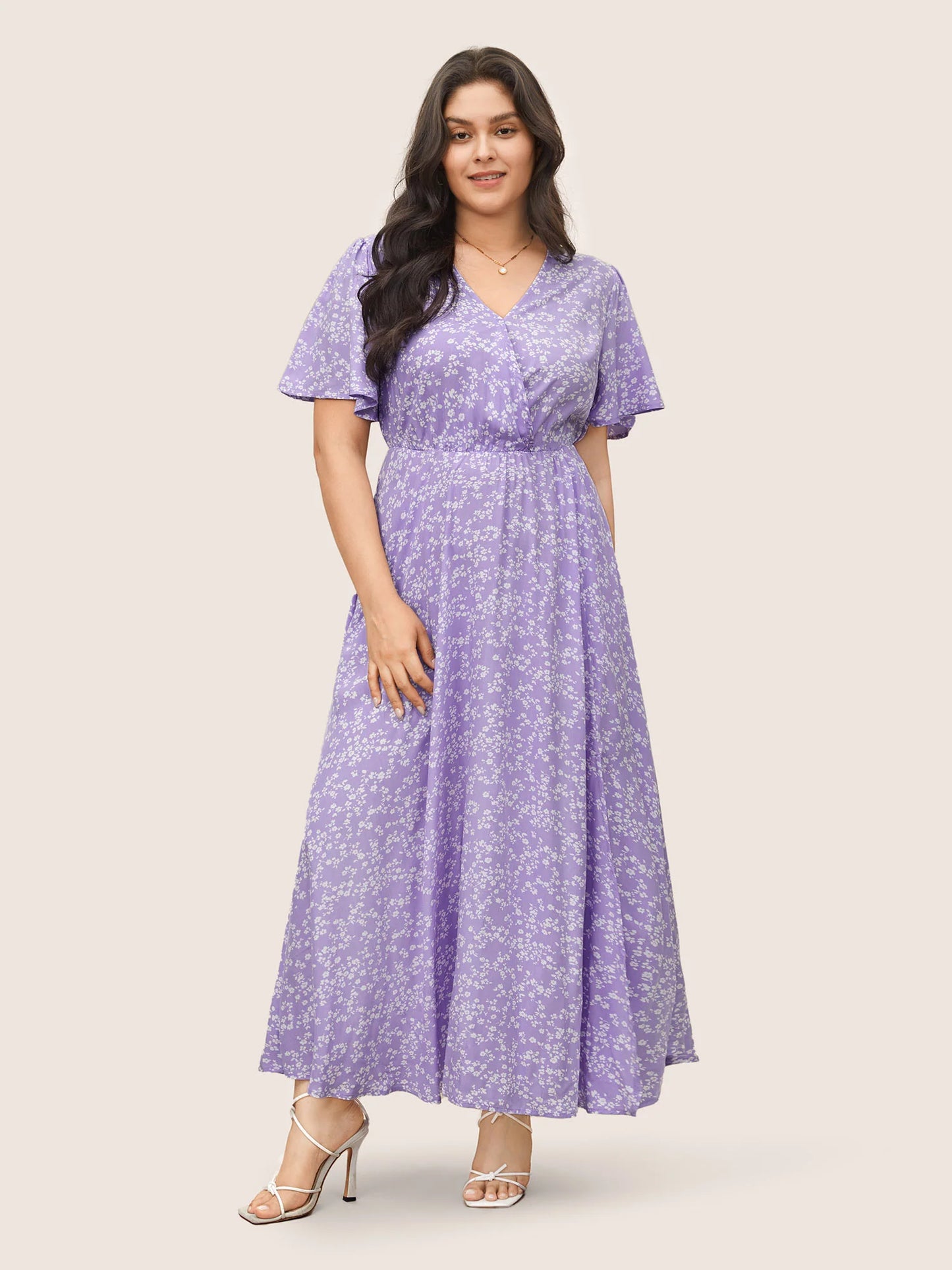 Flutter Sleeve Ditsy Floral Pocket Split Maxi Dress