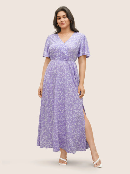 Flutter Sleeve Ditsy Floral Pocket Split Maxi Dress