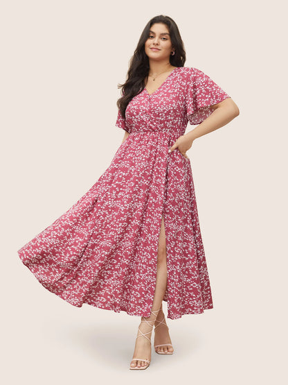 Flutter Sleeve Ditsy Floral Pocket Split Maxi Dress