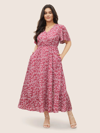 Flutter Sleeve Ditsy Floral Pocket Split Maxi Dress