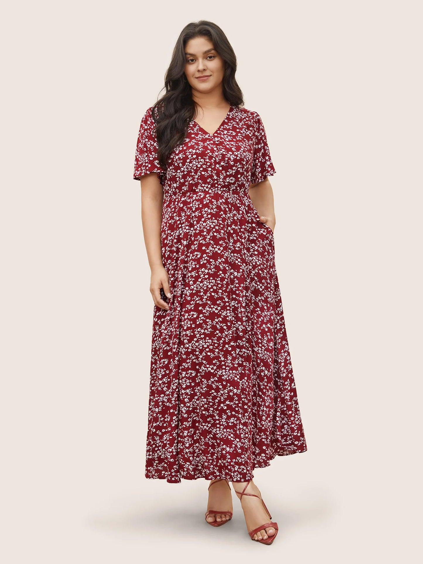 Flutter Sleeve Ditsy Floral Pocket Split Maxi Dress