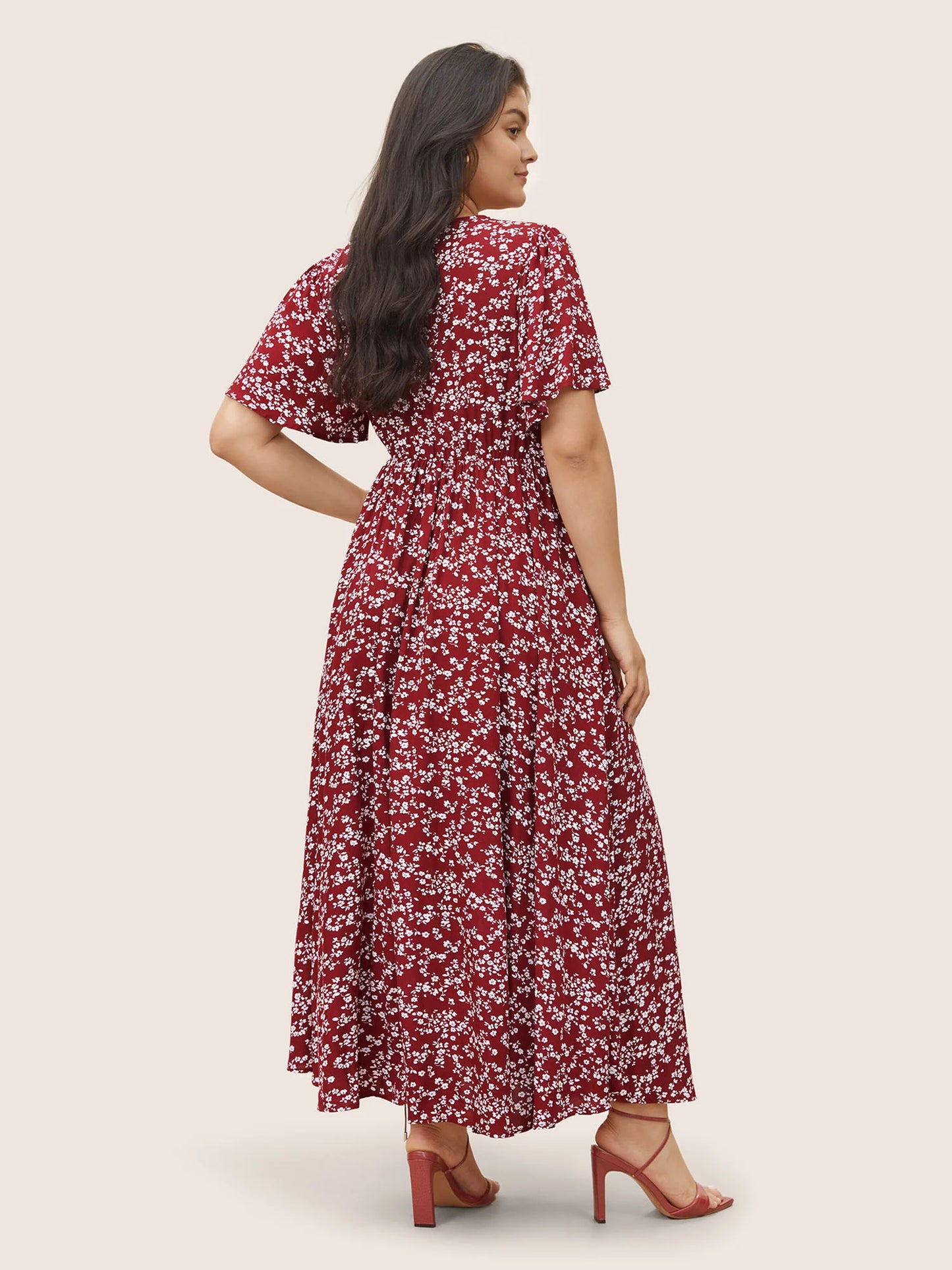 Flutter Sleeve Ditsy Floral Pocket Split Maxi Dress