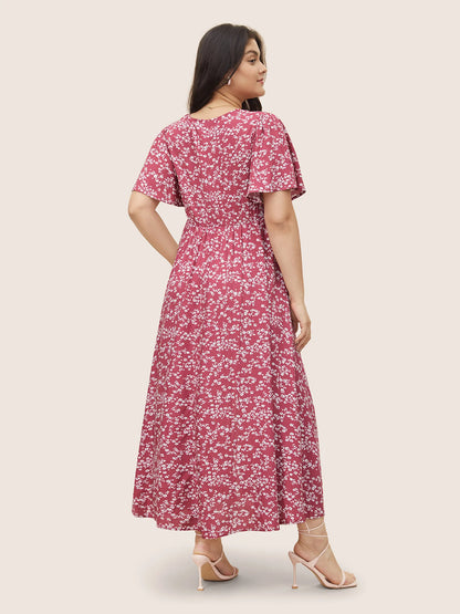 Flutter Sleeve Ditsy Floral Pocket Split Maxi Dress