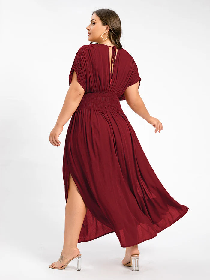 V-Neck Batwing Sleeve Pocket Ruched Waist Maxi Dress