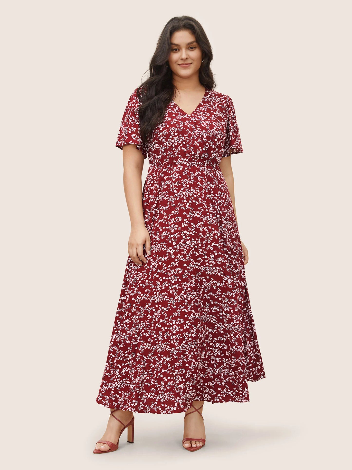 Flutter Sleeve Ditsy Floral Pocket Split Maxi Dress