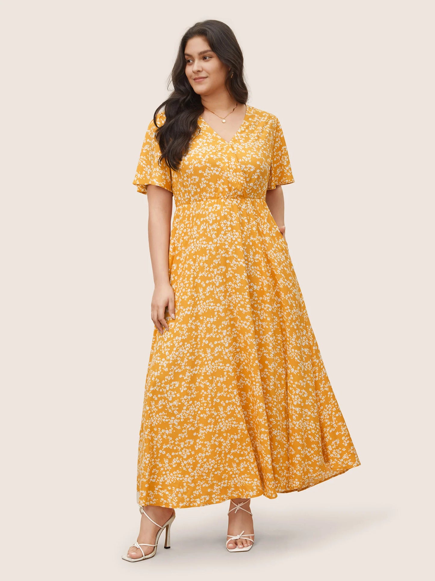 Flutter Sleeve Ditsy Floral Pocket Split Maxi Dress