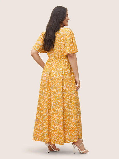 Flutter Sleeve Ditsy Floral Pocket Split Maxi Dress