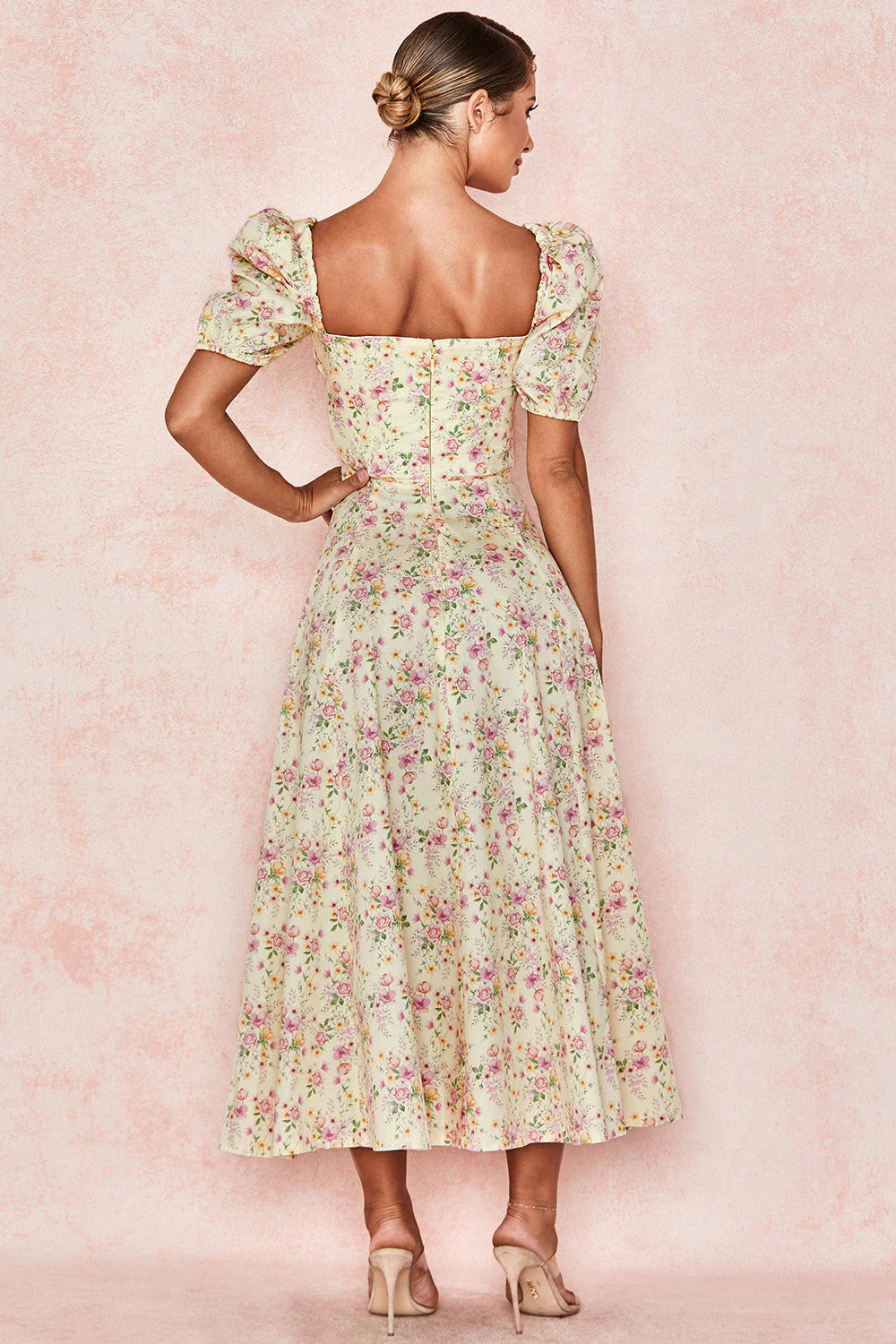 Midi sundress with floral puff sleeves